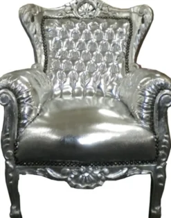 Casa Padrino Barock Kinder Sessel Tron in Silber, 84 x 58 cm, handgefertigtes Luxusmöbel im Antik Stil