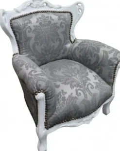 Casa Padrino Barock Kinder Sessel in Grau mit Barock Muster und Weiss - 84 cm x 58 cm