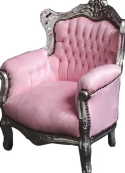 Casa Padrino Barock Kinder Sessel Tron in Rosa und Silber, 84 x 58 cm, Handgefertigtes Massivholz