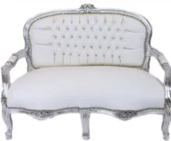 Casa Padrino Barock Kinder Sitzbank Weiß Lederoptik / Silber Antik Stil 90 x 38 x 67 cm