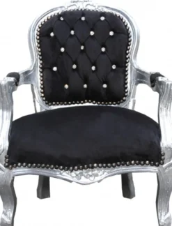 Casa Padrino Barock Kinderstuhl im Antik Stil Schwarz / Silber mit Glitzersteinen, 71 x 51 cm