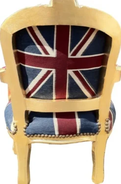 Casa Padrino Barock Kinderstuhl Union Jack Gold, Armlehnstuhl aus Massivholz, Höhe 71 cm, Breite 51 cm