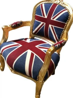 Casa Padrino Barock Kinderstuhl Union Jack Gold, Armlehnstuhl aus Massivholz, Höhe 71 cm, Breite 51 cm