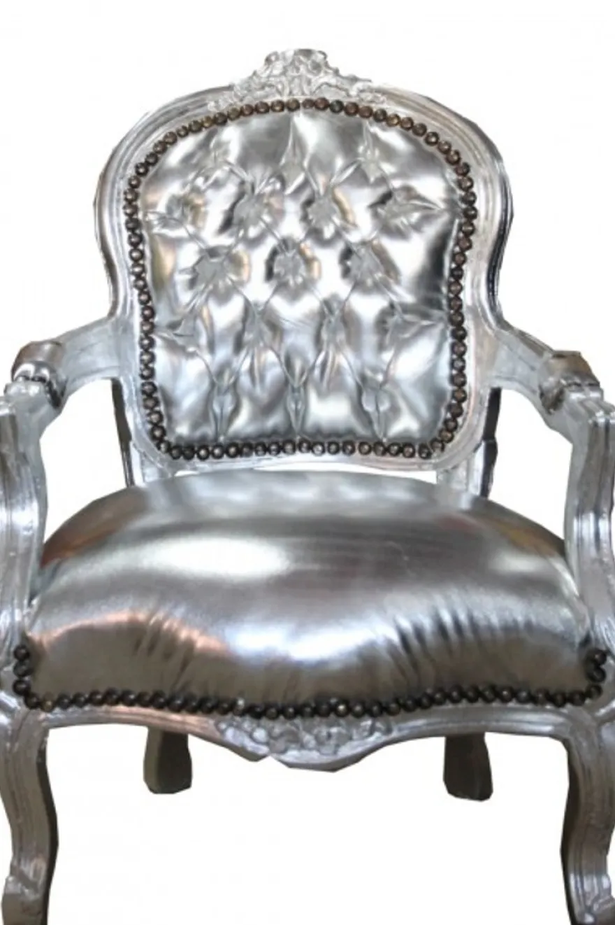 Casa Padrino Barock Kinderstuhl im Antik Stil - Silber mit Lederoptik - 51 x 34 x 71 cm