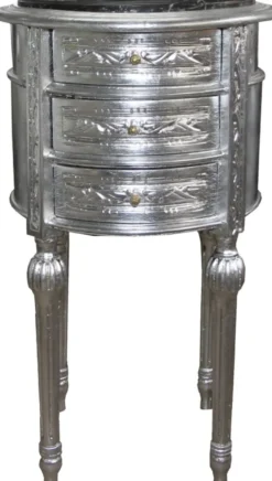 Casa Padrino Barock Kommode / Beistelltisch Silber mit schwarzer Marmorplatte Höhe 72 cm, Durchmesser 41 cm - Nachttisch Konsole