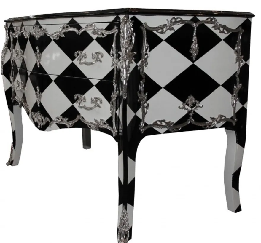 Casa Padrino Barock Kommode im Karo Design mit Silber Applikationen 130 x 84 x 63 cm - Luxuriöse Anrichte im Antik Look