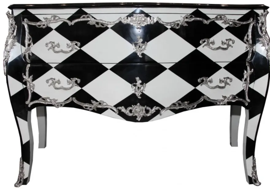 Casa Padrino Barock Kommode im Karo Design mit Silber Applikationen 130 x 84 x 63 cm - Luxuriöse Anrichte im Antik Look