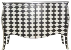 Casa Padrino Barock Kommode Karo Schwarz / Weiß 120 cm - Luxuriöser Schrank mit 2 Türen und Silber Applikationen