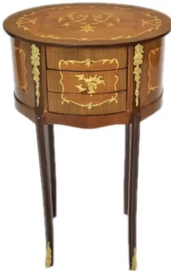 Casa Padrino Barock Kommode Mahagoni Intarsien / Gold mit 3 Schubladen Oval - Nachtschrank Antik Stil - 70 x 40 x 30 cm