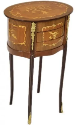 Casa Padrino Barock Kommode Mahagoni Intarsien / Gold mit 3 Schubladen Oval - Nachtschrank Antik Stil - 70 x 40 x 30 cm