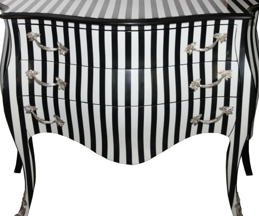 Casa Padrino Barock Kommode Schwarz/Weiss Streifen 122 x 57 x 88 cm mit silbernen Metallapplikationen