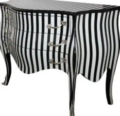 Casa Padrino Barock Kommode Schwarz/Weiss Streifen 122 x 57 x 88 cm mit silbernen Metallapplikationen