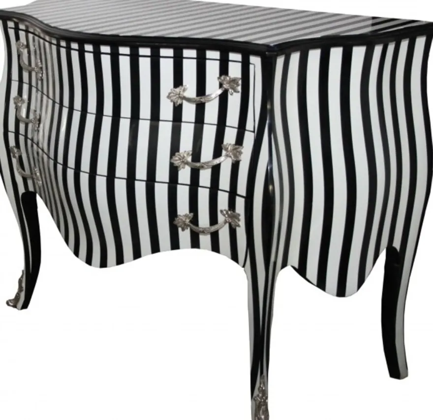 Casa Padrino Barock Kommode Schwarz/Weiss Streifen 122 x 57 x 88 cm mit silbernen Metallapplikationen