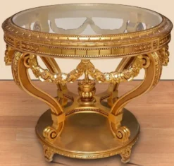 Casa Padrino Barock Konferenztisch Gold - Runder Massivholz Büro Tisch mit Glasplatte - Barock Büro Möbel - Edel & Prunkvoll