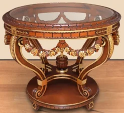 Casa Padrino Barock Konferenztisch Braun / Gold - Runder Massivholz Büro Tisch mit Glasplatte - Barock Büro Möbel - Edel & Prunkvoll