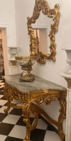 Casa Padrino Barock Konsole mit Marmorplatte und Spiegel Gold / Grau - Prunkvolle Spiegelkonsole im Barockstil - Garderoben Möbel Barockstil - Barock Möbel - Antik Stil Möbel - Edel & Prunkvoll