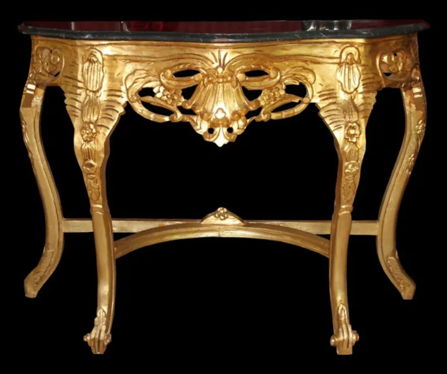 Casa Padrino Barock Konsolentisch in Gold mit schwarz-grünlicher Marmorplatte, 118 x 37 x 88 cm