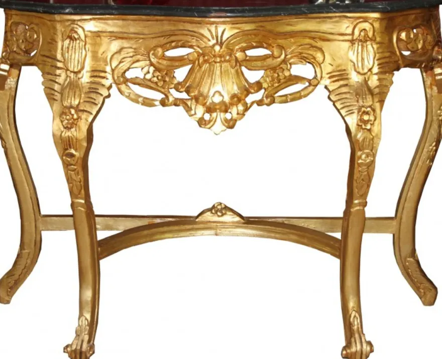 Casa Padrino Barock Konsolentisch in Gold mit schwarz-grünlicher Marmorplatte, 118 x 37 x 88 cm