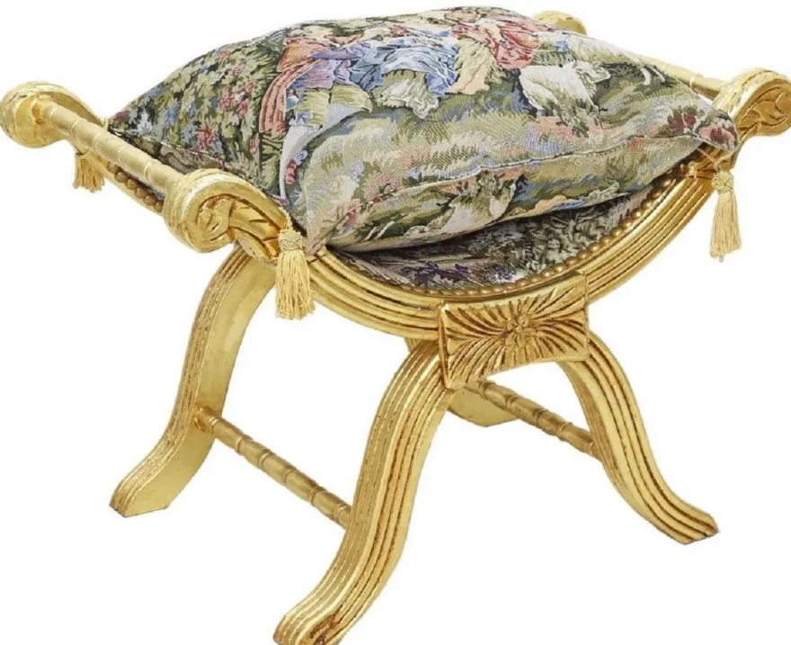 Casa Padrino Barock Kreuzhocker mit Kissen Gold / Mehrfarbig - Handgefertigter Sitzhocker im Barockstil - Antik Stil Hocker - Barock Möbel - Wohnzimmer Möbel im Barockstil - Antik Stil Möbel