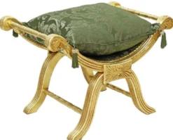 Casa Padrino Barock Kreuzhocker mit Kissen Gold / Grün - Handgefertigter Sitzhocker im Barockstil - Antik Stil Hocker - Barock Möbel - Wohnzimmer Möbel im Barockstil - Antik Stil Möbel