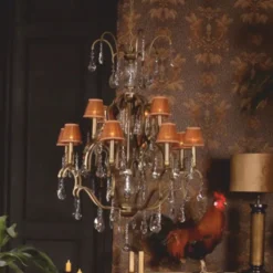 Casa Padrino Barock Kristall Kronleuchter Gold / Braun Ø 95 x H. 135 cm - Prunkvoller Metall Kronleuchter mit Stofflampenschirmen - Barock Leuchten