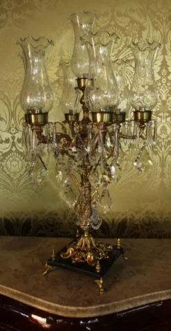 Casa Padrino Barock Kristall Hockerleuchte im Antik Stil - Messing & Marmor - Höhe 86 cm