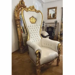 Casa Padrino Barock Kunstleder Thron Sessel und Glitzersteinen Weiß / Gold H. 182 cm