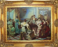 Casa Padrino Barock Ölgemälde Damen Musizieren Mehrfarbig / Gold 160 x 10 x H. 130 cm - Handgemaltes Gemälde mit prunkvollem Rahmen im Barockstil - Barock Deko Accessoires