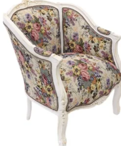 Casa Padrino Barock Lounge Sessel Weiss / Blumenmuster 70 cm x H. 100cm - Massivholz