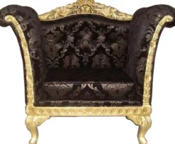 Casa Padrino Barock Lounge Sessel Schwarz Muster / Gold, Mahagoni Massivholz, 102 x 70 x 70 cm