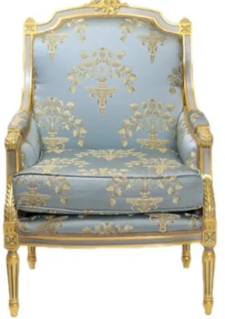 Casa Padrino Barock Lounge Thron Sessel Empire in Blau-Grau Gold Muster und Gold, 100 x 70 x 70 cm