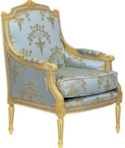 Casa Padrino Barock Lounge Thron Sessel Empire in Blau-Grau Gold Muster und Gold, 100 x 70 x 70 cm