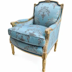 Casa Padrino Barock Lounge Thron Sessel Empire Hellblau Muster / Blau / Gold - Wohnzimmer Möbel im Barockstil - Barock Möbel - Barock Interior