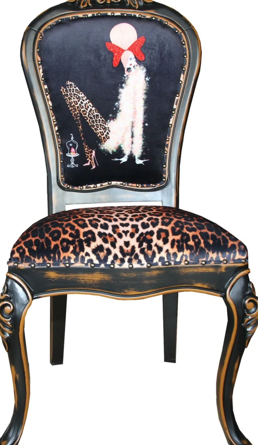 Casa Padrino Barock Luxus Esszimmer Stuhl Leopard / Schwarz / Braun Dame mit High Heels - Designer Möbel - Barockmöbel