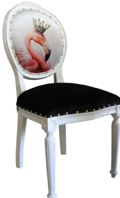 Casa Padrino Barock Luxus Esszimmer Stuhl ohne Armlehnen Flamingo Weiß mit Krone und mit Bling Bling Glitzersteinen - Designer Stuhl - Limited Edition