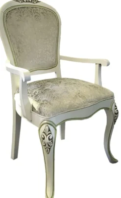 Casa Padrino Barock Luxus Esszimmerstuhl Weiss Barock Muster / Weiss, leicht Grün - Handgefertigter Antik Stil Stuhl mit Armlehnen - Esszimmer Möbel im Barockstil