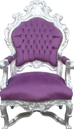 Casa Padrino Barock Luxus Thron Sessel Lila / Silber - Handgefertigter Königssessel aus Massivholz - 141 x 80 x 78 cm