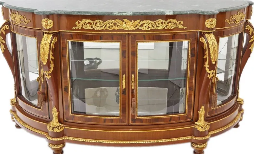 Casa Padrino Barock Massivholz Sideboard mit 4 Glastüren und Marmorplatte Braun / Gold / Grün 175 x 50 x H. 95 cm - Vitrine - Schrank - Prunkvolle Barock Möbel