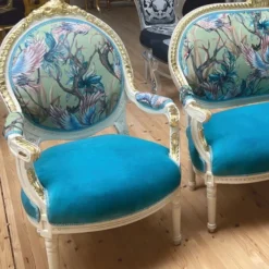Casa Padrino Barock Medaillon Salon Stuhl Blau / Bunt / Weiß / Gold H. 100 cm - Barock Möbel
