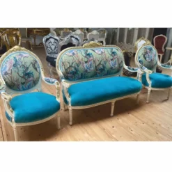 Casa Padrino Barock Medaillon Salon Stuhl Blau / Bunt / Weiß / Gold H. 100 cm - Barock Möbel