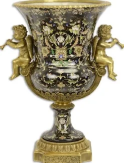 Casa Padrino Barock Porzellan Vase mit Blumen Design und dekorativen Engelsfiguren Schwarz / Mehrfarbig / Messingfarben 49 x 37,5 x H. 61,1 cm - Prunkvolle Blumenvase - Deko Vase im Barockstil