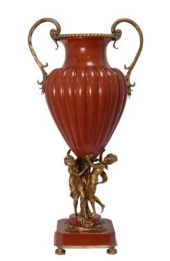 Casa Padrino Barock Porzellan Vase mit 2 Griffen - Luxus Kollektion, Rot / Bronze, 39 x 28,3 x 78,7 cm