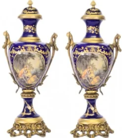 Casa Padrino Barock Porzellan Pokal Set Hellblau / Gold B 26 x H 63 cm - 2 Stück - Luxuriöse Hotel Dekoration