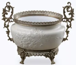 Casa Padrino Barock Porzellan Schüssel Grau / Weiß / Bronze H. 34 cm - Barock Deko Accessoires