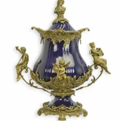 Casa Padrino Barock Porzellan Schüssel Dunkelblau / Messing H. 52 cm - Barock Deko