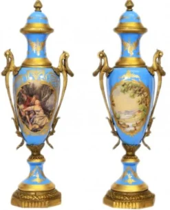 Casa Padrino Barock Porzellan Pokal Set Hellblau / Gold B20 H58 cm (2 Stück) - Exklusive Luxus Dekoration