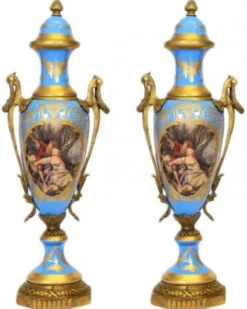 Casa Padrino Barock Porzellan Pokal Set Hellblau / Gold B20 H58 cm (2 Stück) - Exklusive Luxus Dekoration