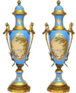 Casa Padrino Barock Porzellan Pokal Set Hellblau / Gold B20 H58 cm (2 Stück) - Exklusive Luxus Dekoration