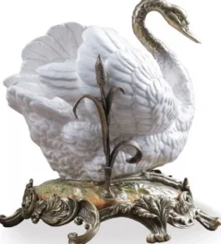 Casa Padrino Barock Porzellan Deko Figur Schwan Weiß / Bronze 20 x 18 x H. 24 cm