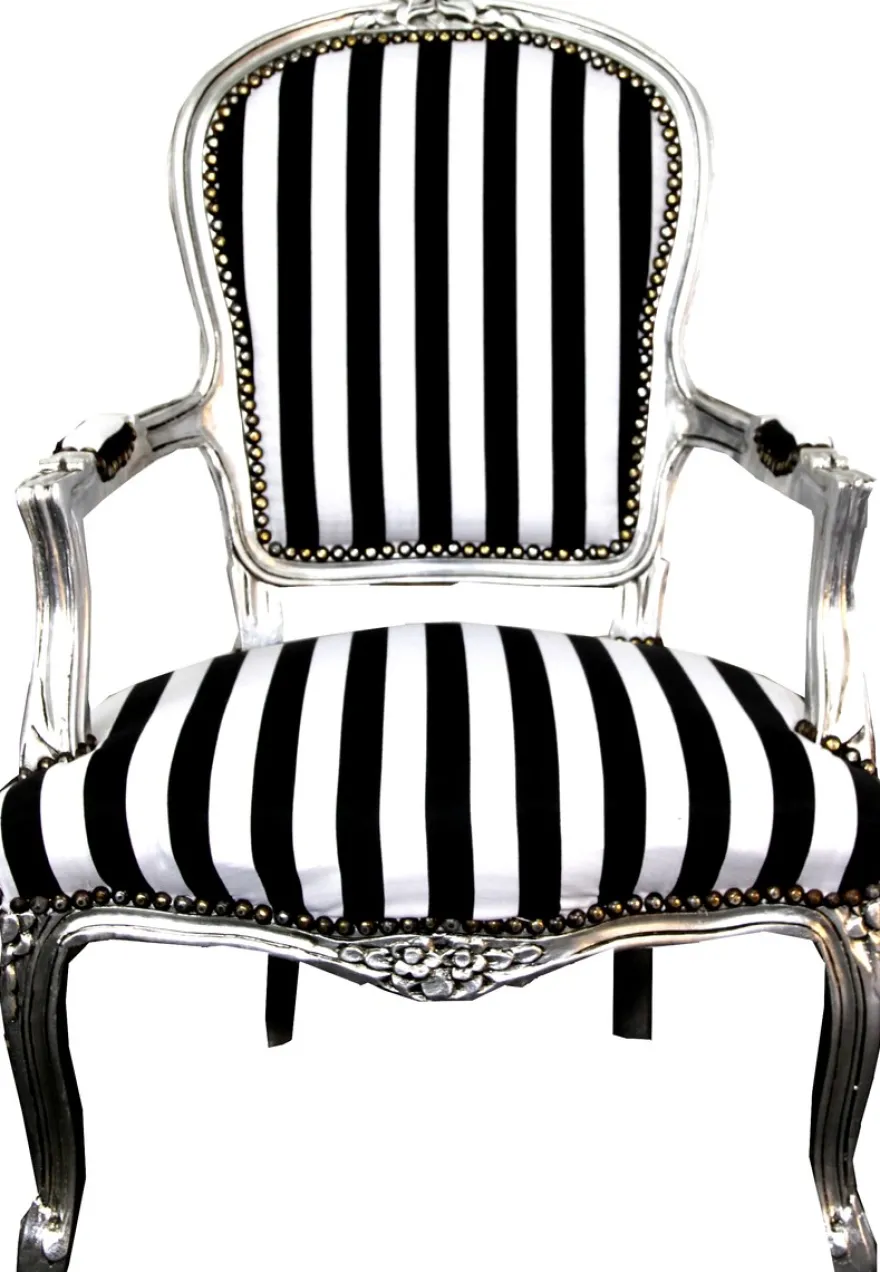 Casa Padrino Barock Salon Stuhl Schwarz / Weiß Streifen / Silber - Möbel gestreift